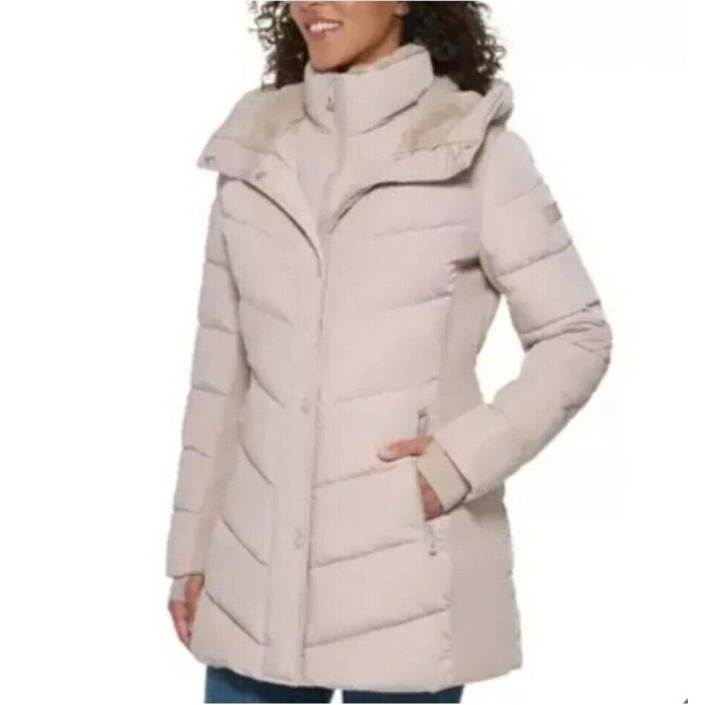 Andrew Marc Women's XL Beige Mixed Media Walker Jacket Puffer Coat Faux Fur Trim